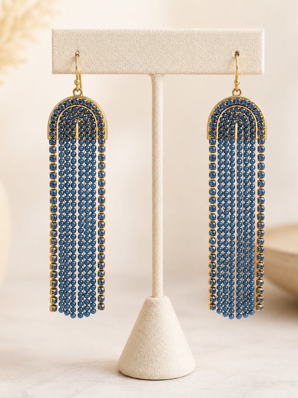 Blue Beaded Fringe Earrings Gold Tone Long Tassel Dangle Earrings Boho Statement